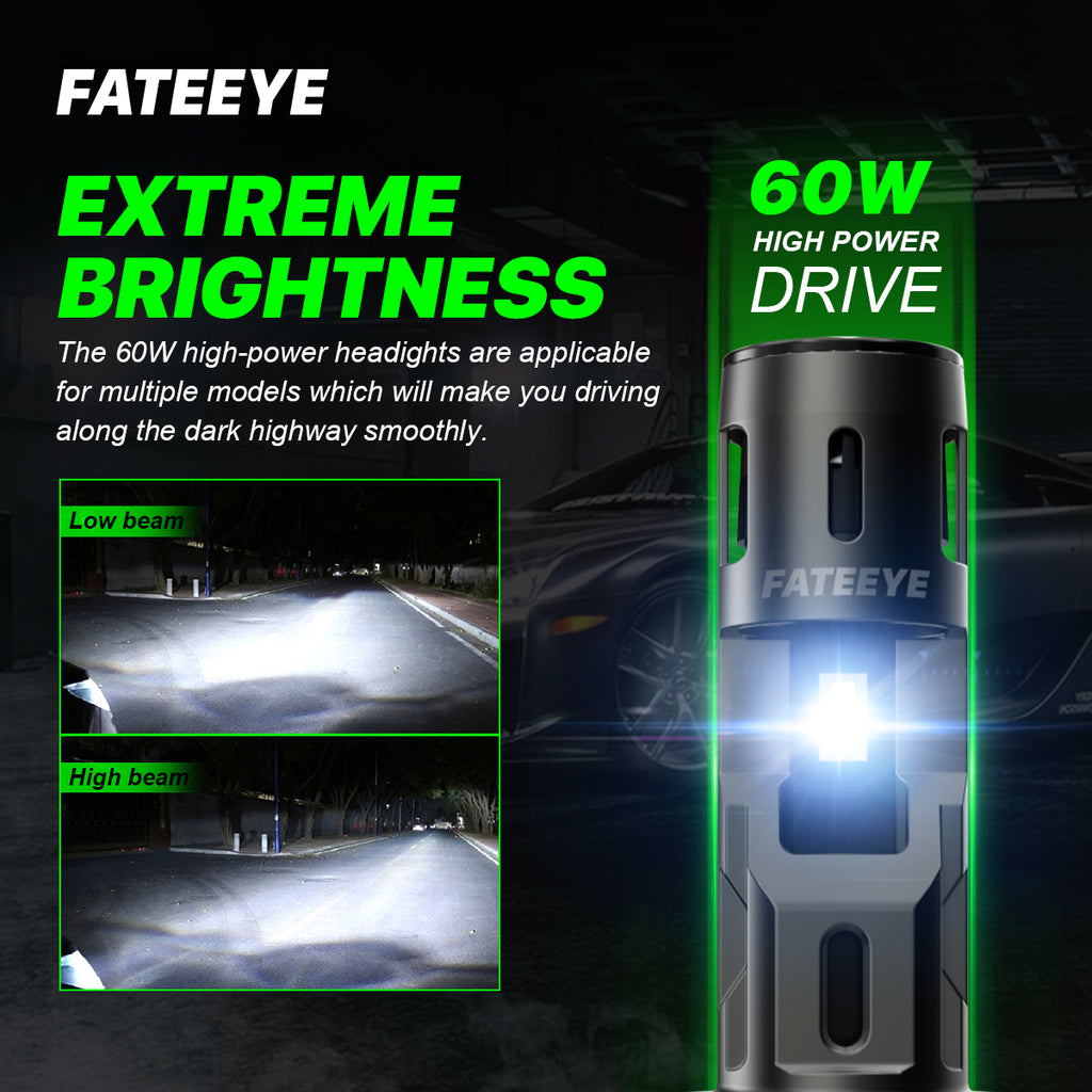 FATEEYE A700-F2-H7 LED HEADLIGHT BULBS 60W 12000LUMENS 6500K HEADLAMP