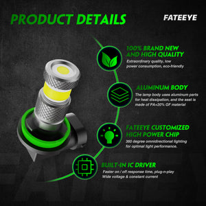 FATEEYE H11/H8/H16 Led Fog Light Bulbs or DRL, 6000K Xenon White 360 Degree Fog Light Led, Mini Size All in One Fog Bulbs Daytime Running Lights Replacement, White Pack of 2