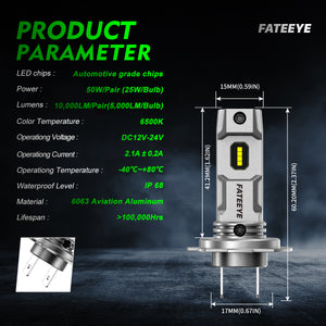 FATEEYE H7 LED Bulbs 1:1 Mini Size, Non-polarity, No Adapter Required Easy Install Conversion Kit, Fanless H7ll Fog lights Halogen Replacement