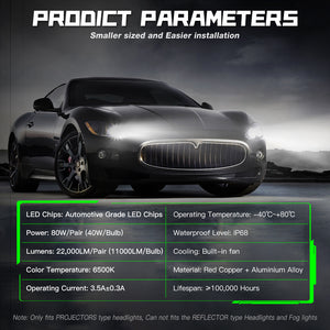 FATEEYE F5 Series Wireless | 9005 H4 H7 H11 LED Bulbs Perfect Beam 80W 22000LM 6500K White | 2 Bullbs