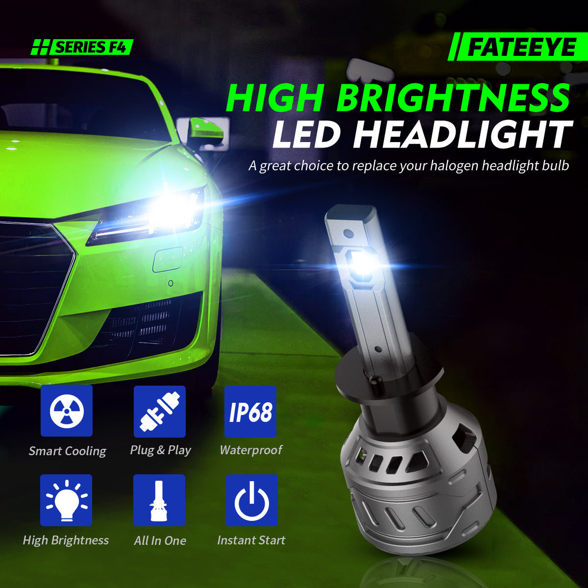 FATEEYE A700-F4-H1 LED HEADLIGHT BULBS HEADLAMP 60W 13000LUMENS 6500K