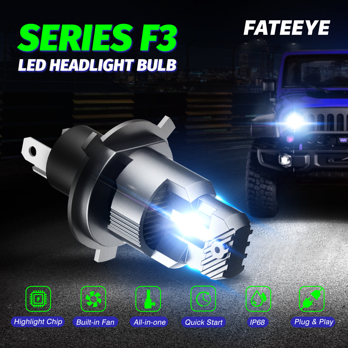 FATEEYE A700-F3-H4 SUPER BRIGHT 100W 20000LUMEN AUTO LED HEADLIGHT BUL